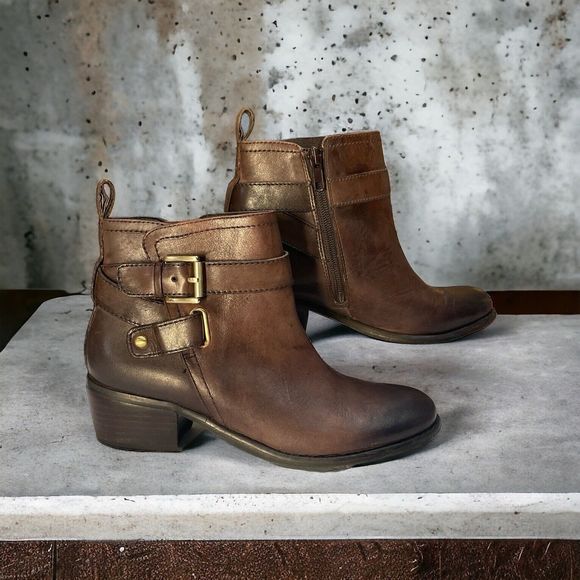 Arturo Chiang Ankle Boots Womens 6M Bryson Brown Leather Zip Up Bootie W/Buckles - Picture 1 of 12